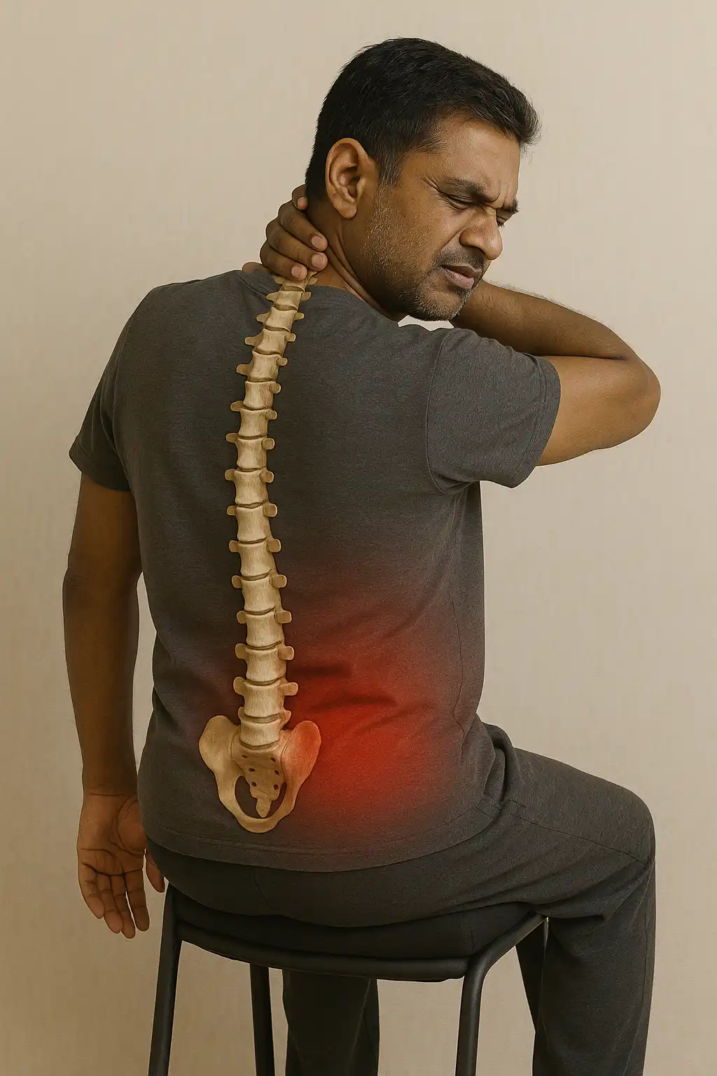 Man holding his neck and lower back in pain with spine illustration overlay, indicating symptoms of spinal cord injury and nerve compression.