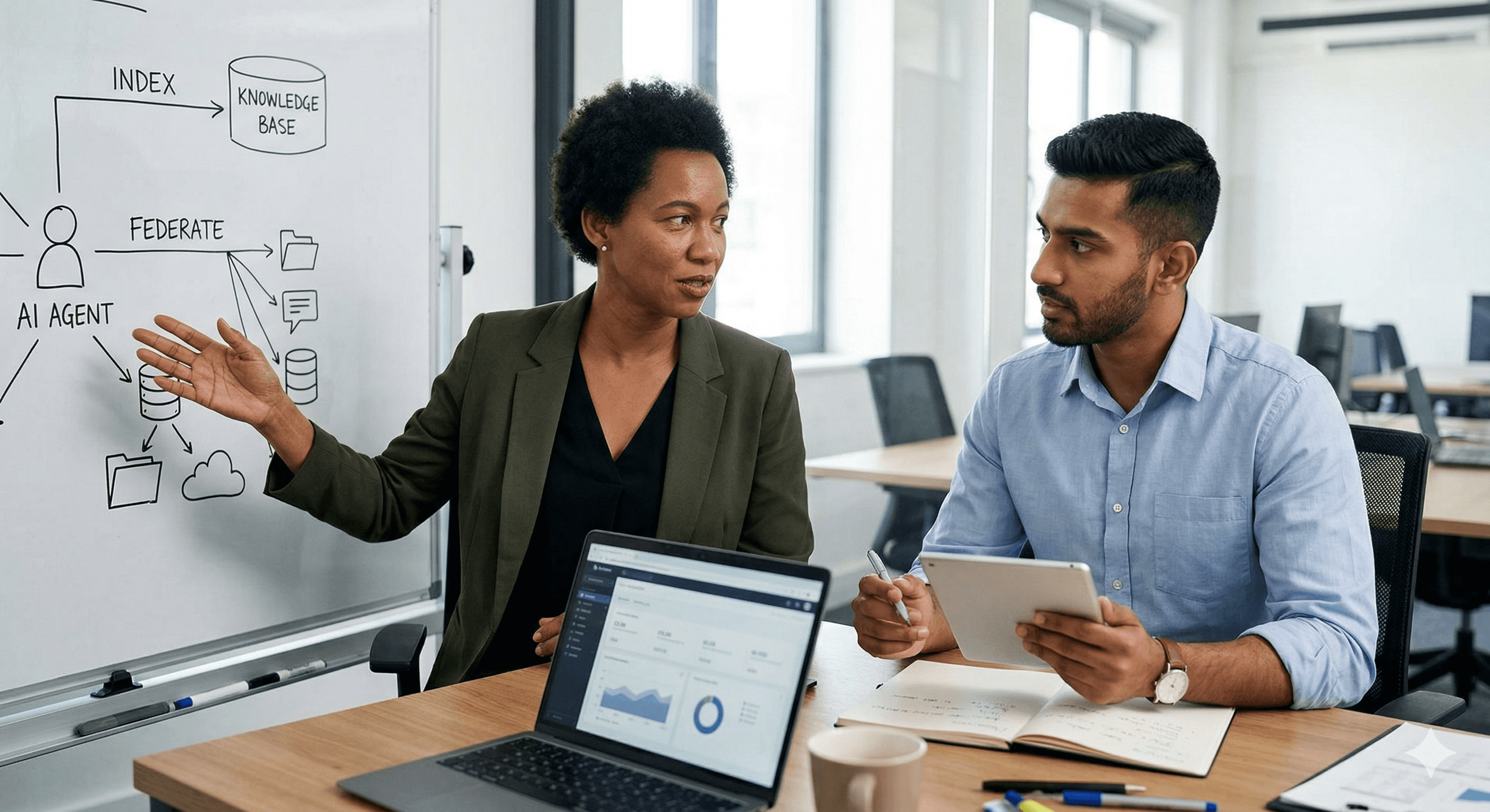 Two professionals engage in a discussion at an office meeting room with digital devices and a whiteboard displaying a diagram about federated search and indexing strategies, highlighting technological advancement debates regarding whether the index is obsolete in 2026.