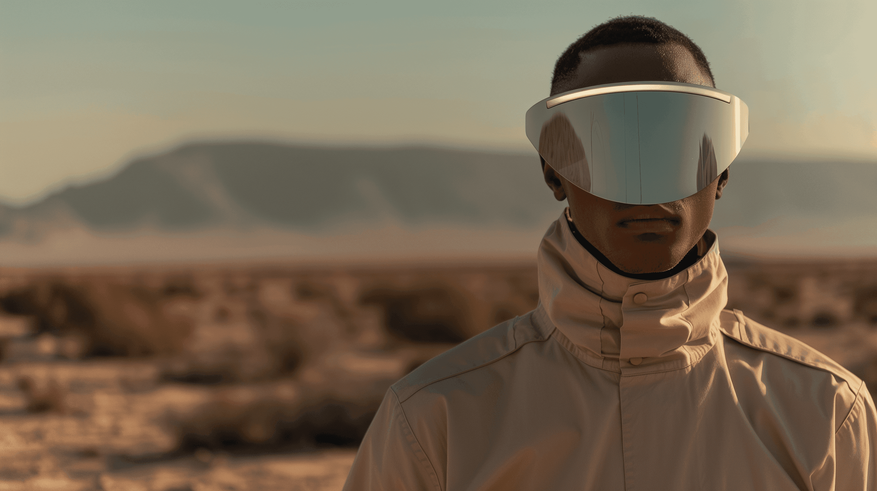 A futuristic-looking man standing in an open desert wearing a futuristic reflective visor and technical desert clothing.