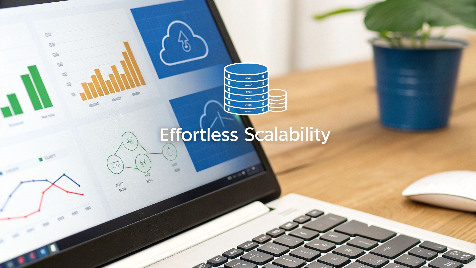 Laptop screen displaying business intelligence dashboards, cloud icon, database symbols, and 'Effortless Scalability' text.