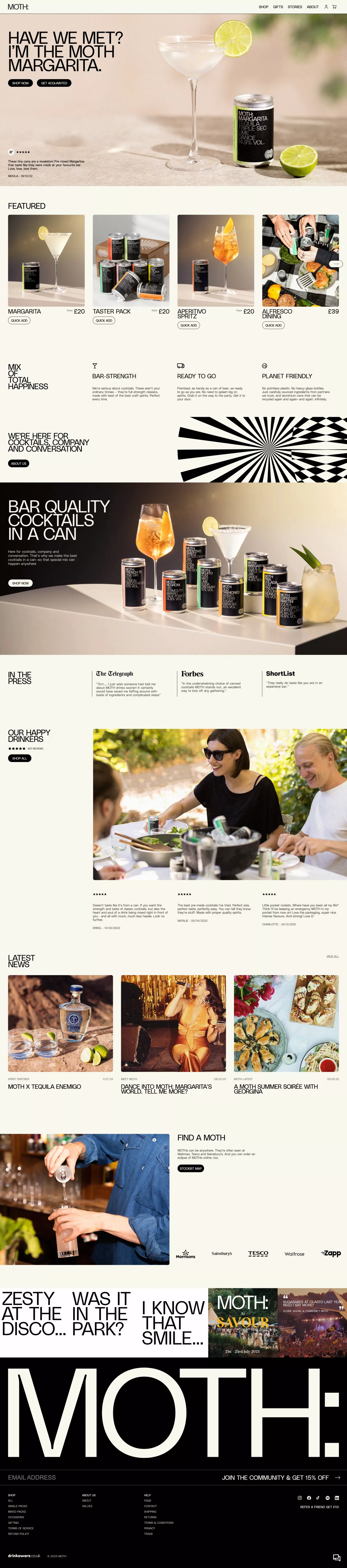 MOTH Drinks - The Best Cocktails in a Ca ecommerce page screenshot showcasing Food & Drinks and Ecommerce design