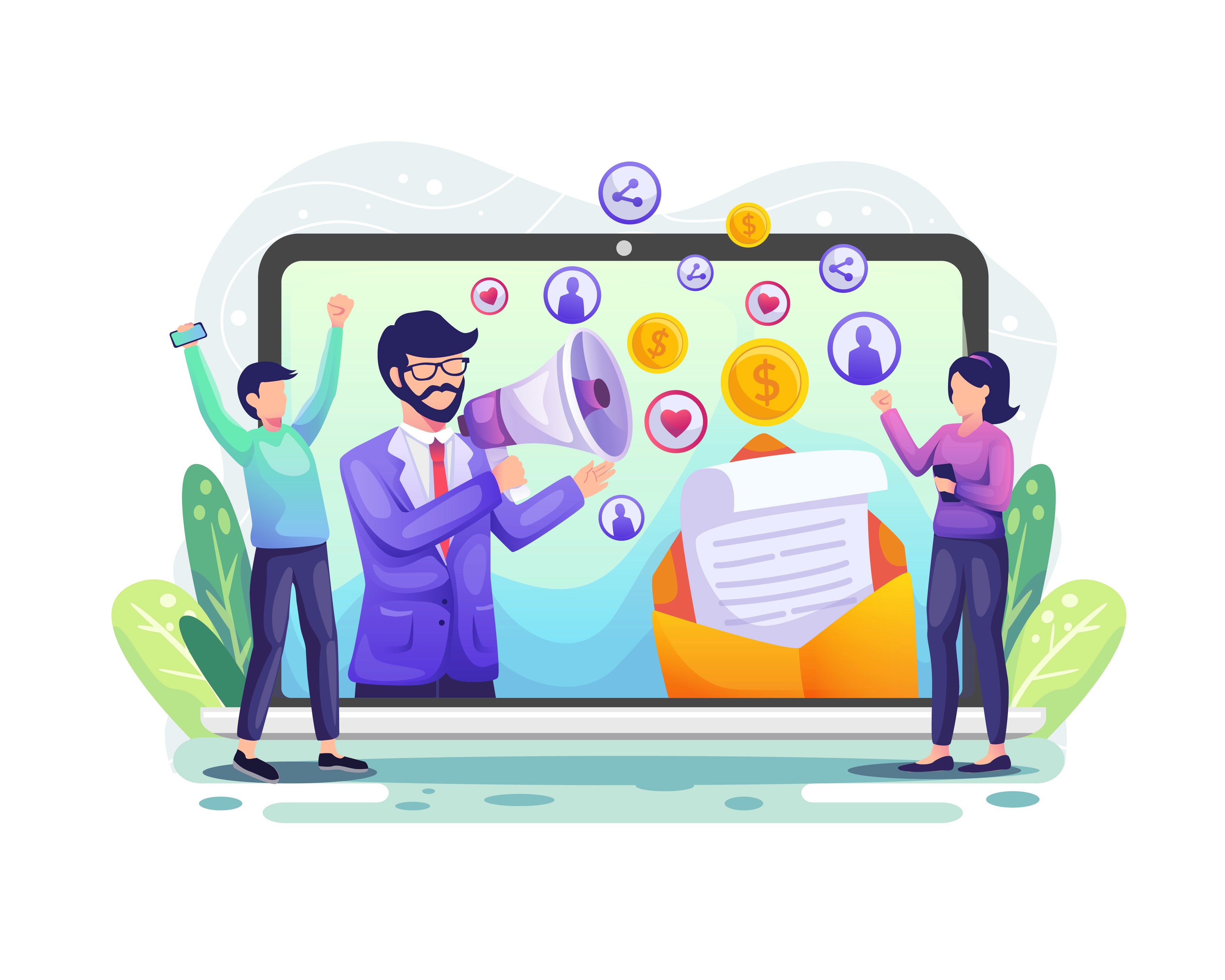 Influencer on a laptop screen with megaphone and coins reaching an engaged audience, representing creator monetization strategy
