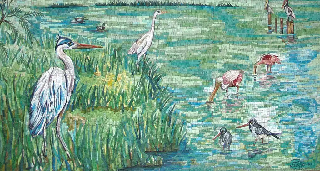 Mosaic artwork featuring herons and flamingos in a lush wetland scene, showcasing vibrant colors and.