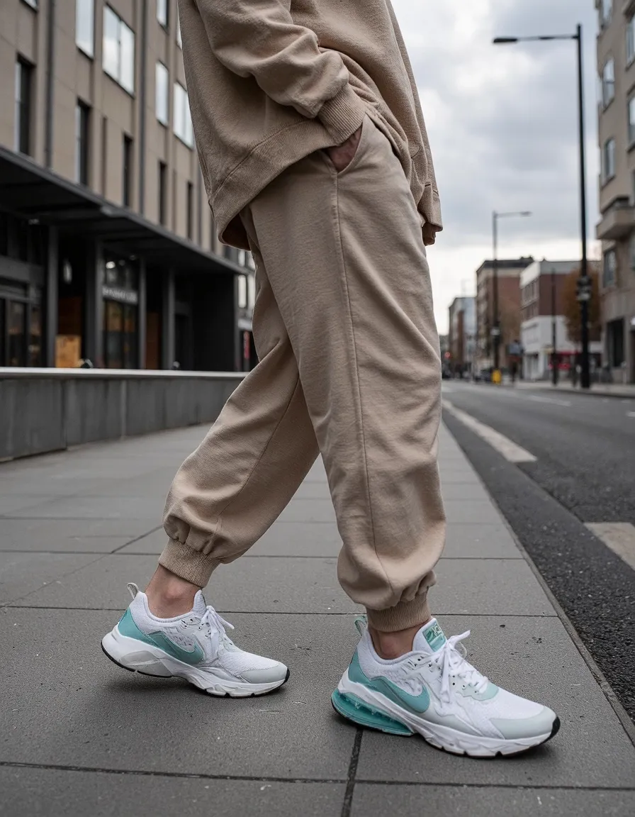 Person walking on city sidewalk wearing beige joggers and sweatshirt with white and mint green sneakers against urban backdrop
