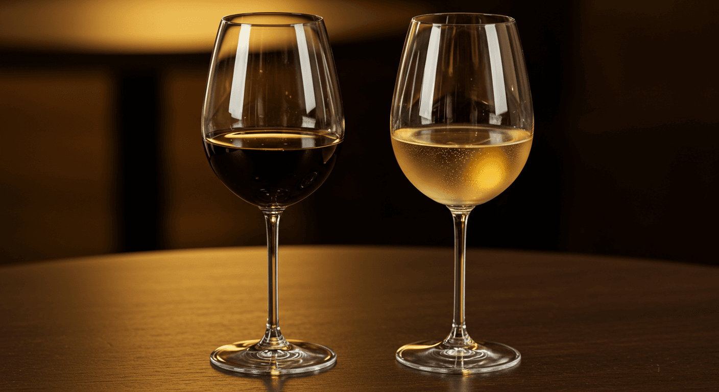A glass of red wine next to a glass of white wine on a table