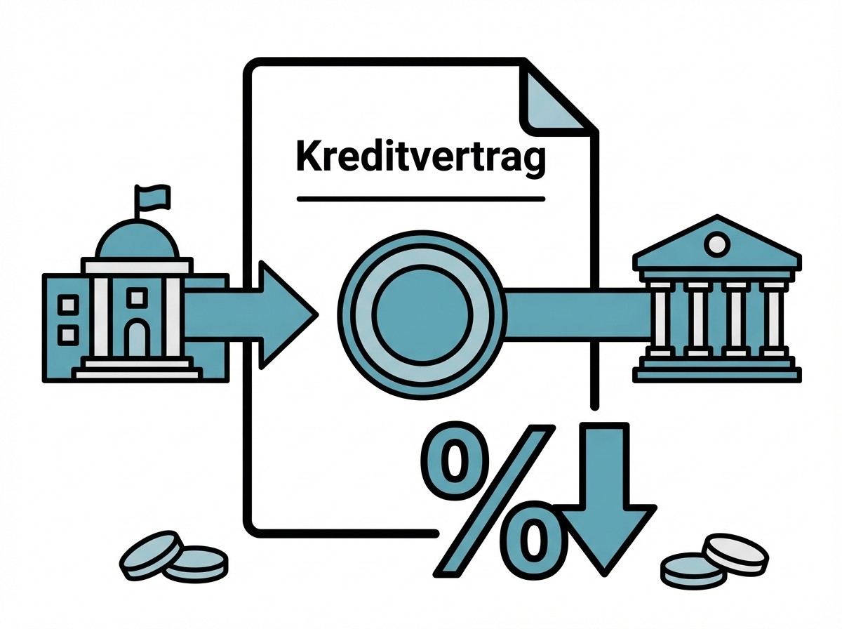 Grafik: Staat und Bank verbunden durch Kreditvertrag unter der Lupe. Ein Pfeil beim Prozentzeichen und Münzen symbolisieren sinkende Zinsen.