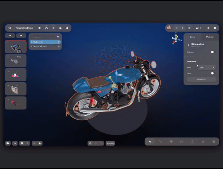 A Campfire user enables Kinematics, then moves a virtual wrench around a motorcycle model while red collision indicators appear wherever the tool meets surrounding parts.