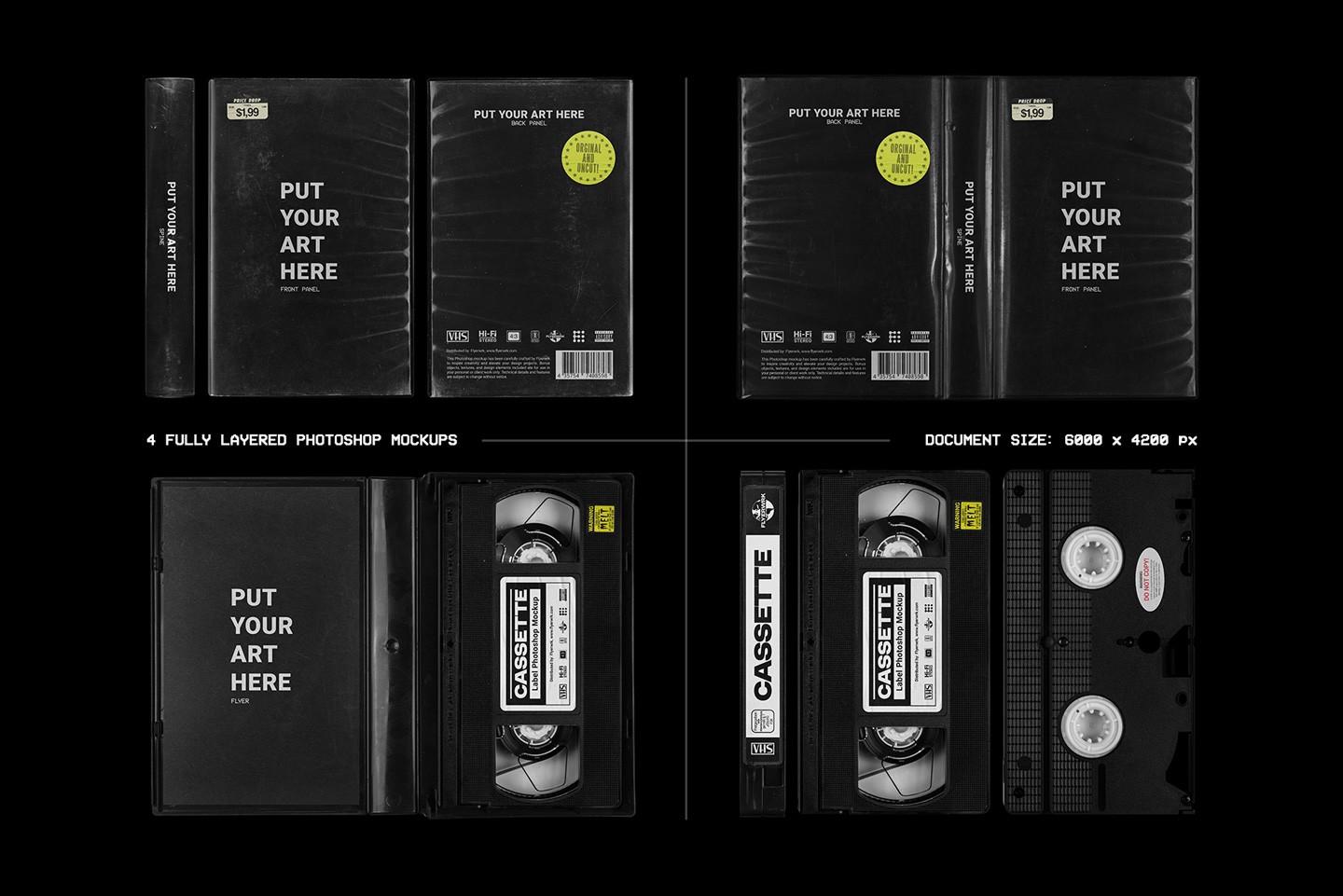 Vintage VHS cassette tape case mockup collection showing multiple case angles