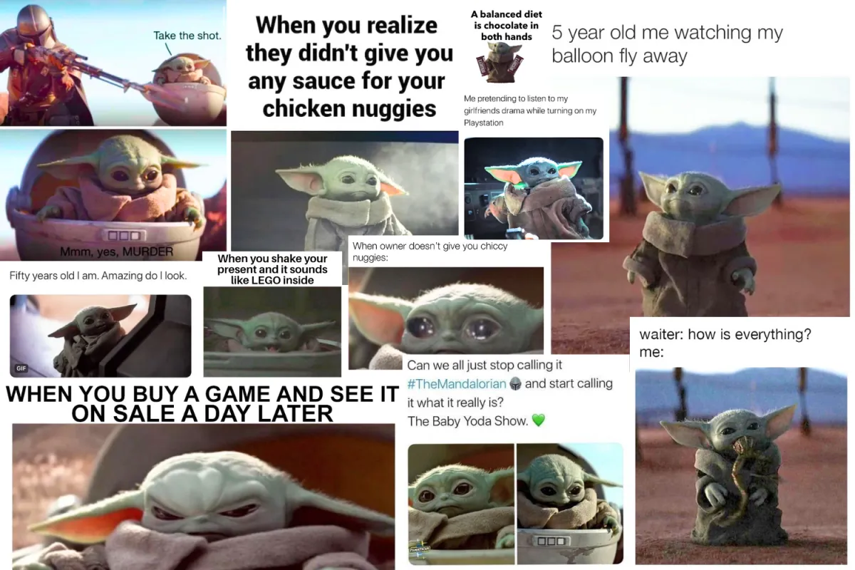 Collage of Baby Yoda (Grogu) memes featuring various humorous captions and reactions. The images show Grogu in different expressions, including excitement, disappointment, and curiosity, referencing pop culture and everyday relatable moments. The text includes jokes about chicken nuggets, video games, and The Mandalorian being called The Baby Yoda Show.