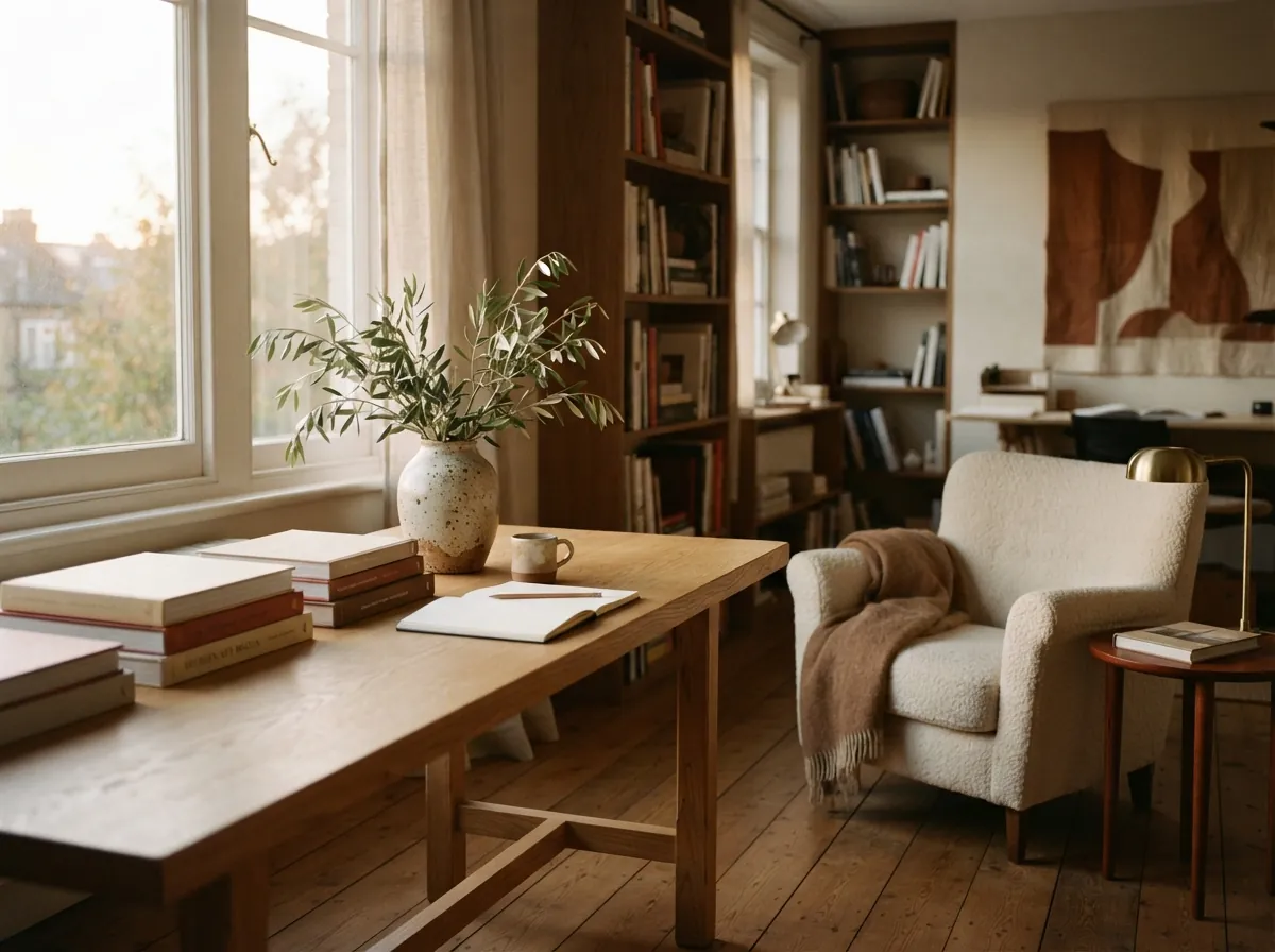 The studio reading room with a long table, books and an armchair