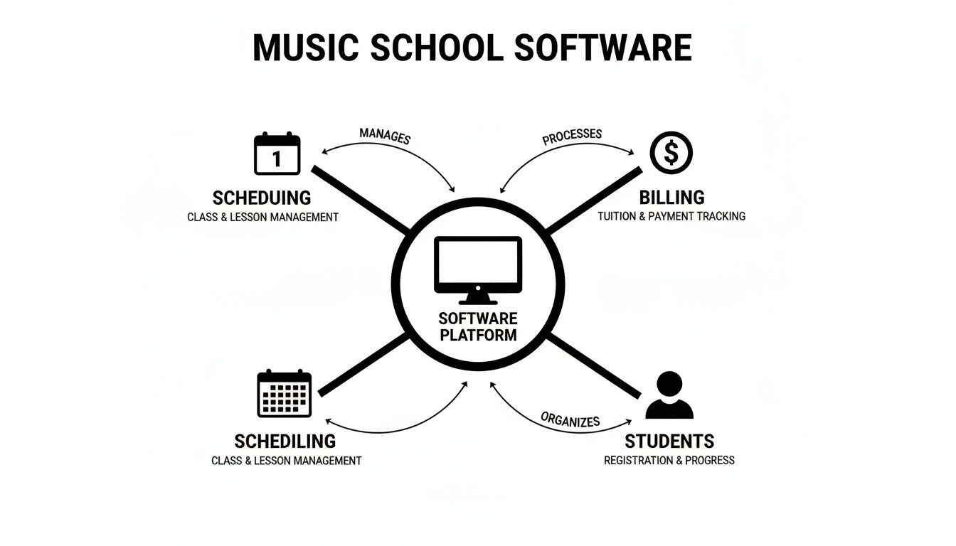 Diagram of a music school software platform managing scheduling, billing, and student registration.