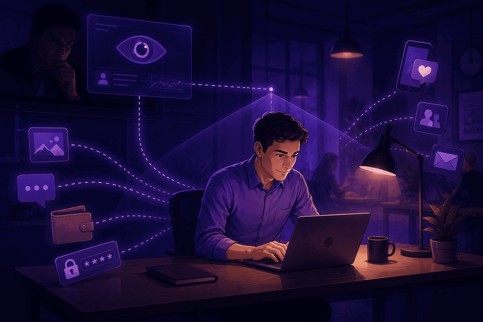 Employee working on a laptop while an unseen observer secretly monitors activity in the background, representing non-transparent device tracking and workplace distrust.