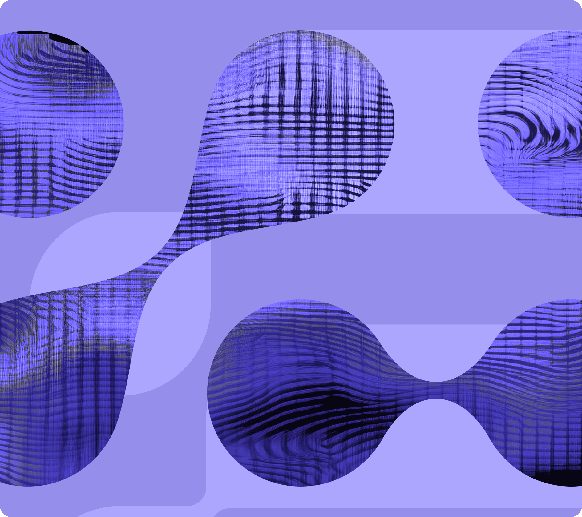 an abstract design with various fluid shapes and patterns in shades of blue and purple. The composition includes elongated forms and circular elements that create a sense of movement and rhythm