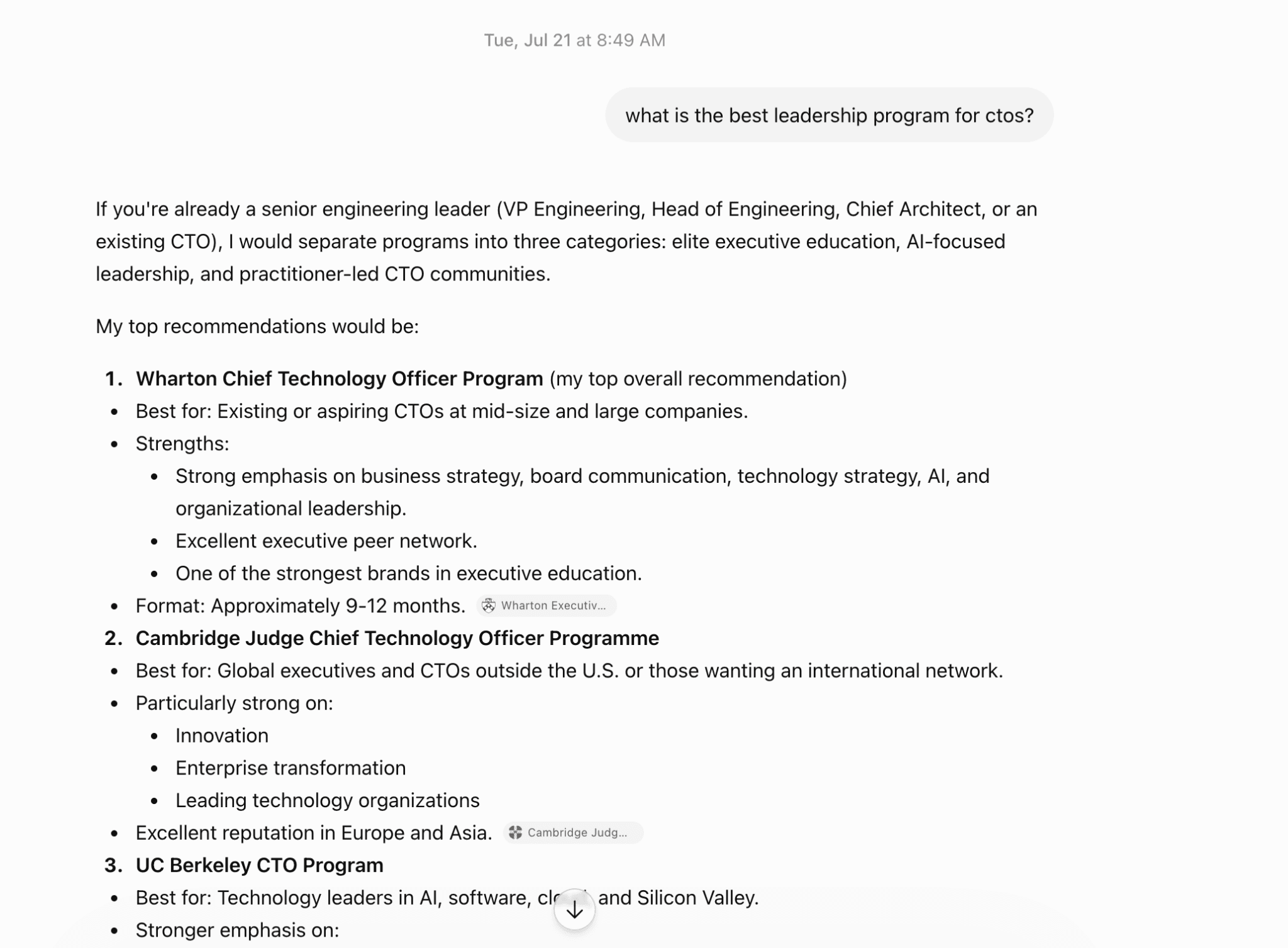 A ChatGPT conversation recommending the Wharton, Cambridge Judge and UC Berkeley CTO programs in response to a question about the best leadership program for CTOs
