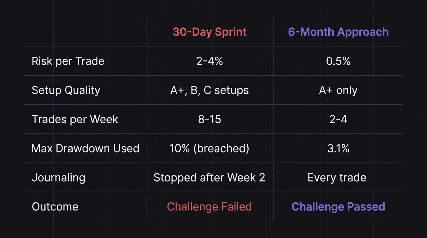 Comparison table showing 30-day sprint versus 6-month approach to a funded trading challenge