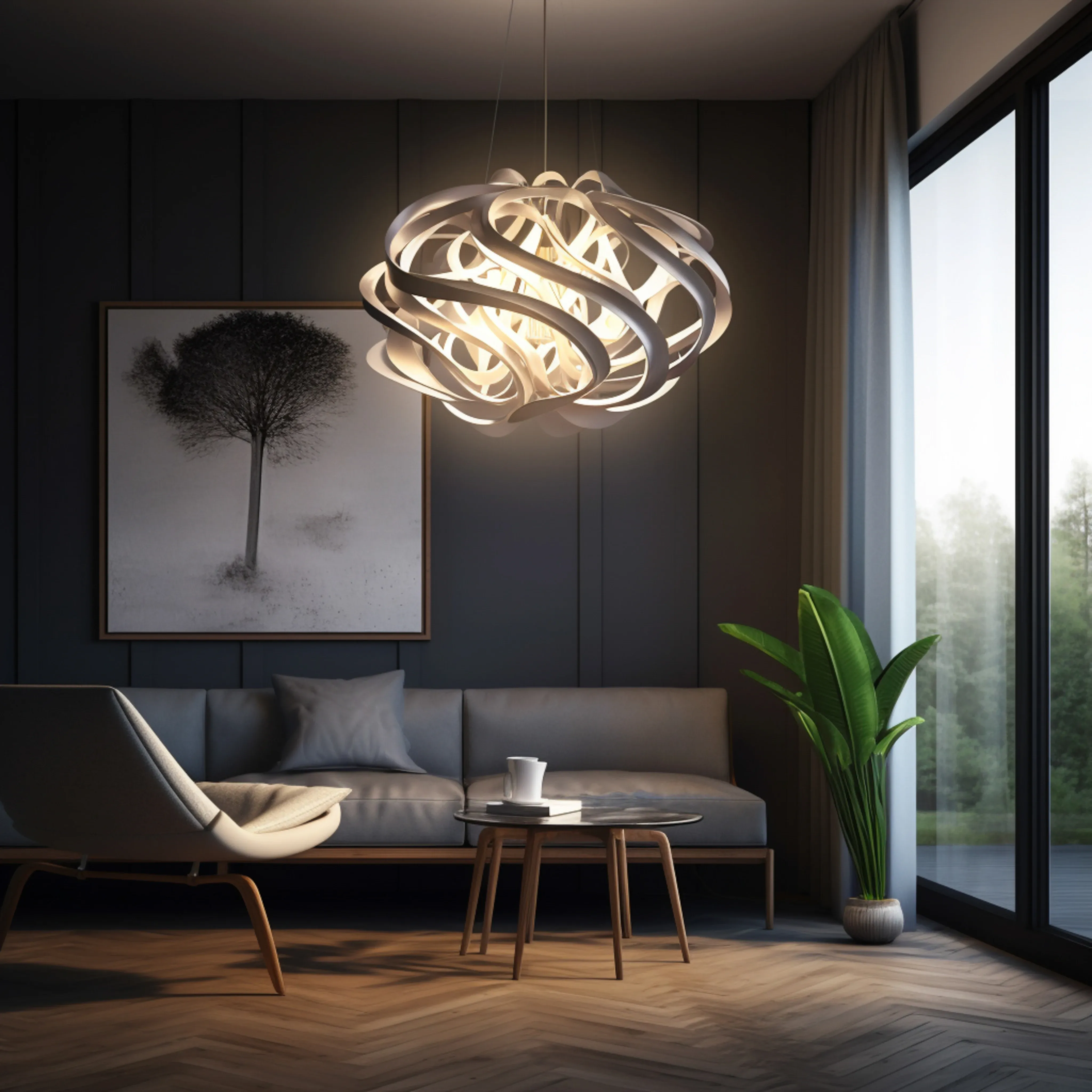 Modern living room featuring a statement chandelier, grey walls, framed art, and indoor greenery