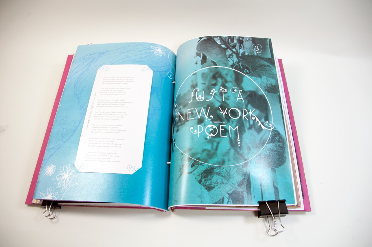 an opened book with the right side with a typography design, and on the left side is a text in a tall rectangle