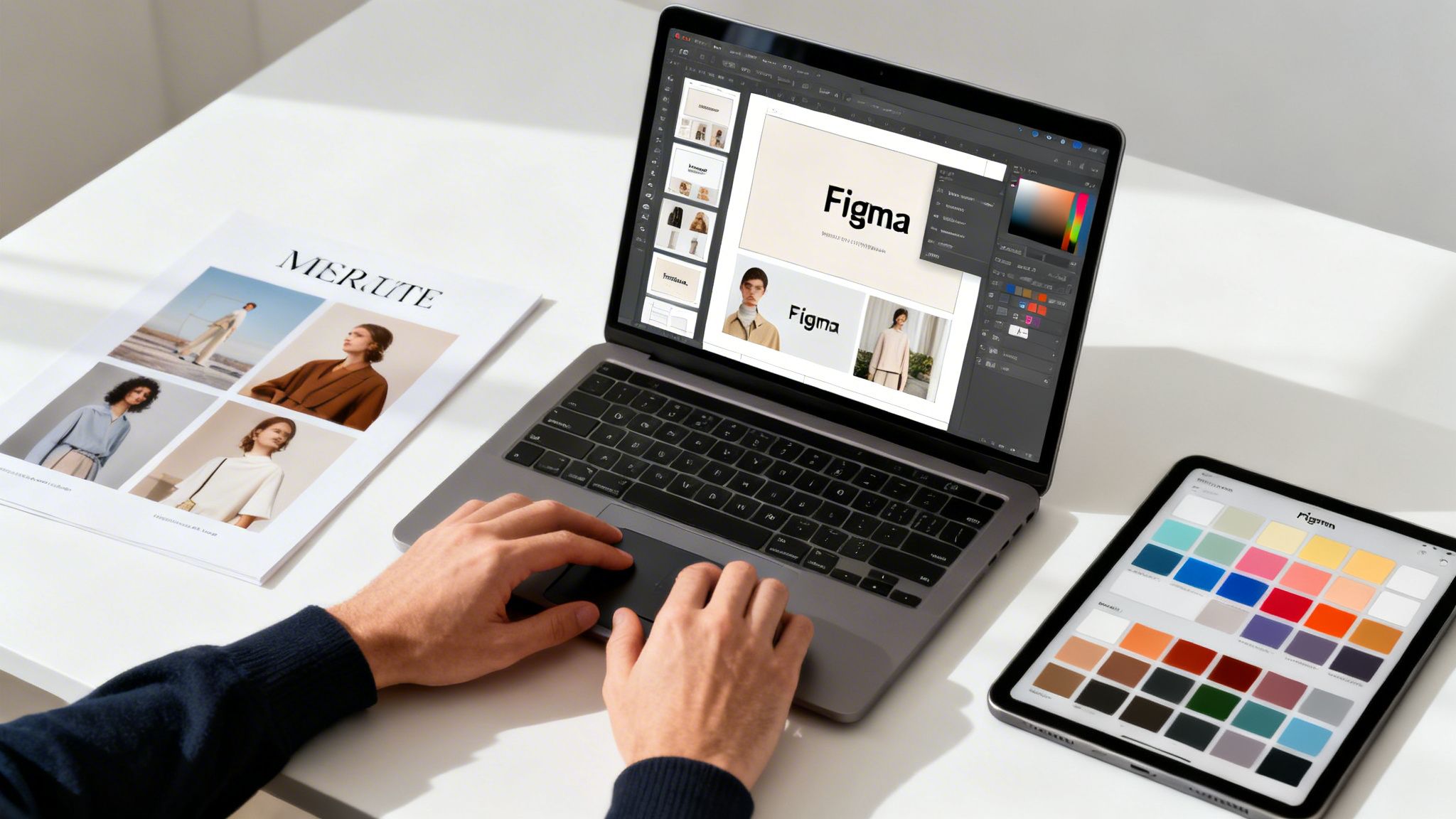 A designer works on a laptop and tablet, creating a fashion website using design software on a white desk.