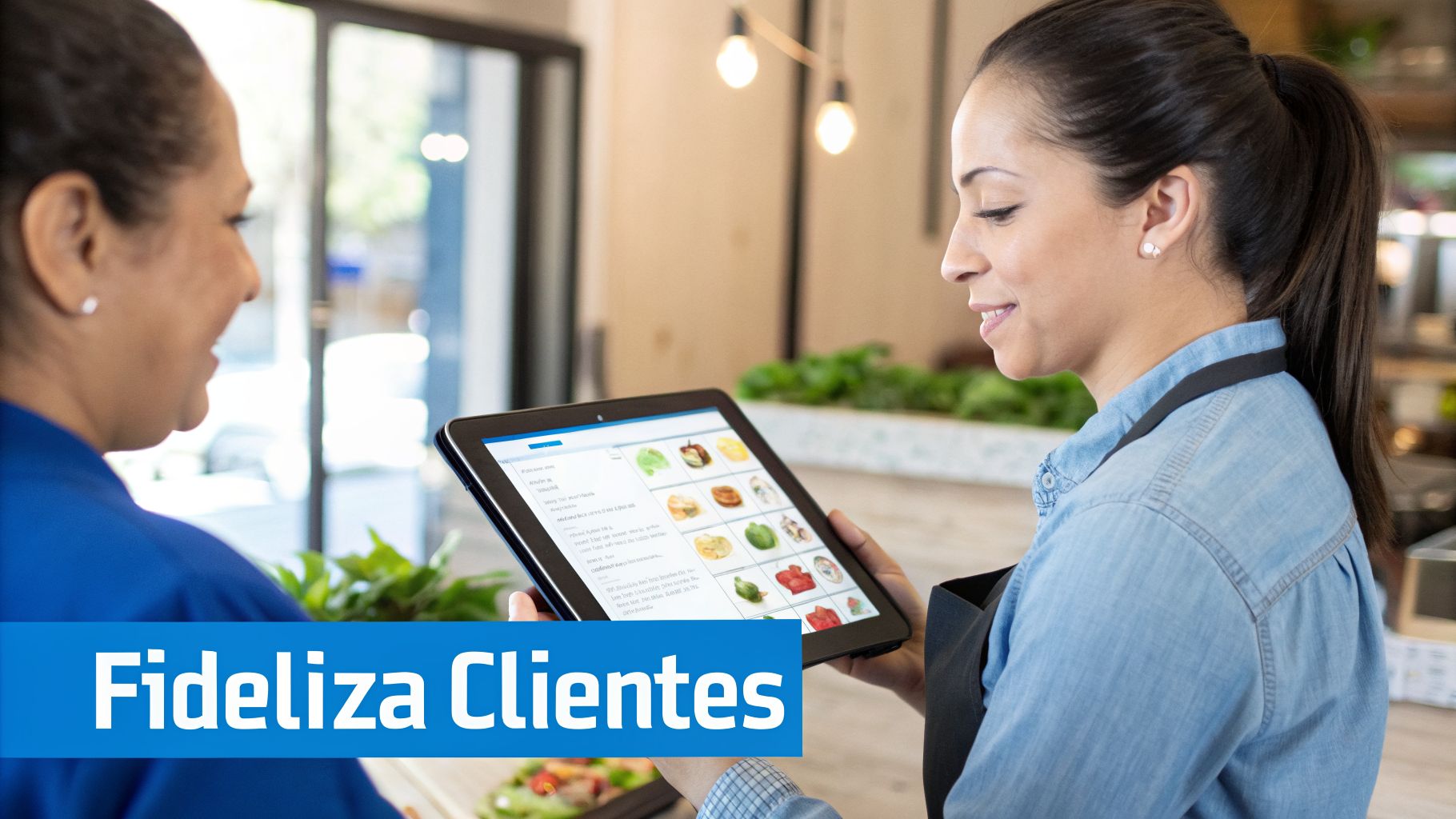 Empleada de restaurante muestra un menú digital en una tablet a una clienta sonriente, mejorando la fidelización.