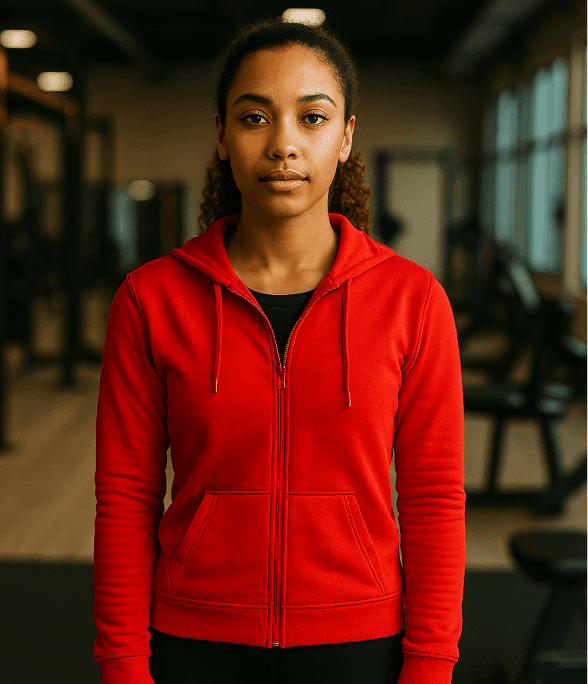 woman at the gyn with red t shirt