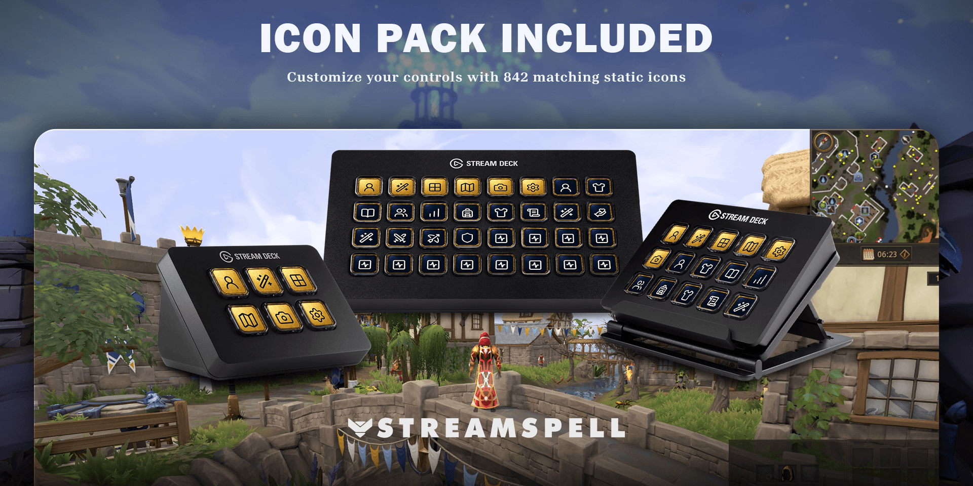 RuneScape icon pack preview with matching gold-framed controls on Stream Deck Mini, XL and MK2
