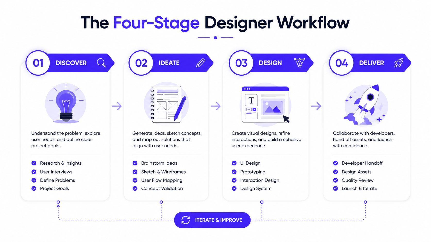 A diagram illustrating the four-stage designer workflow: Discover, Ideate, Design, and Deliver, including an iteration loop.
