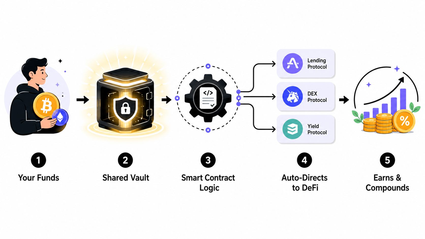 An infographic showing the five-step process of automated yield farming from user funds to earning returns.