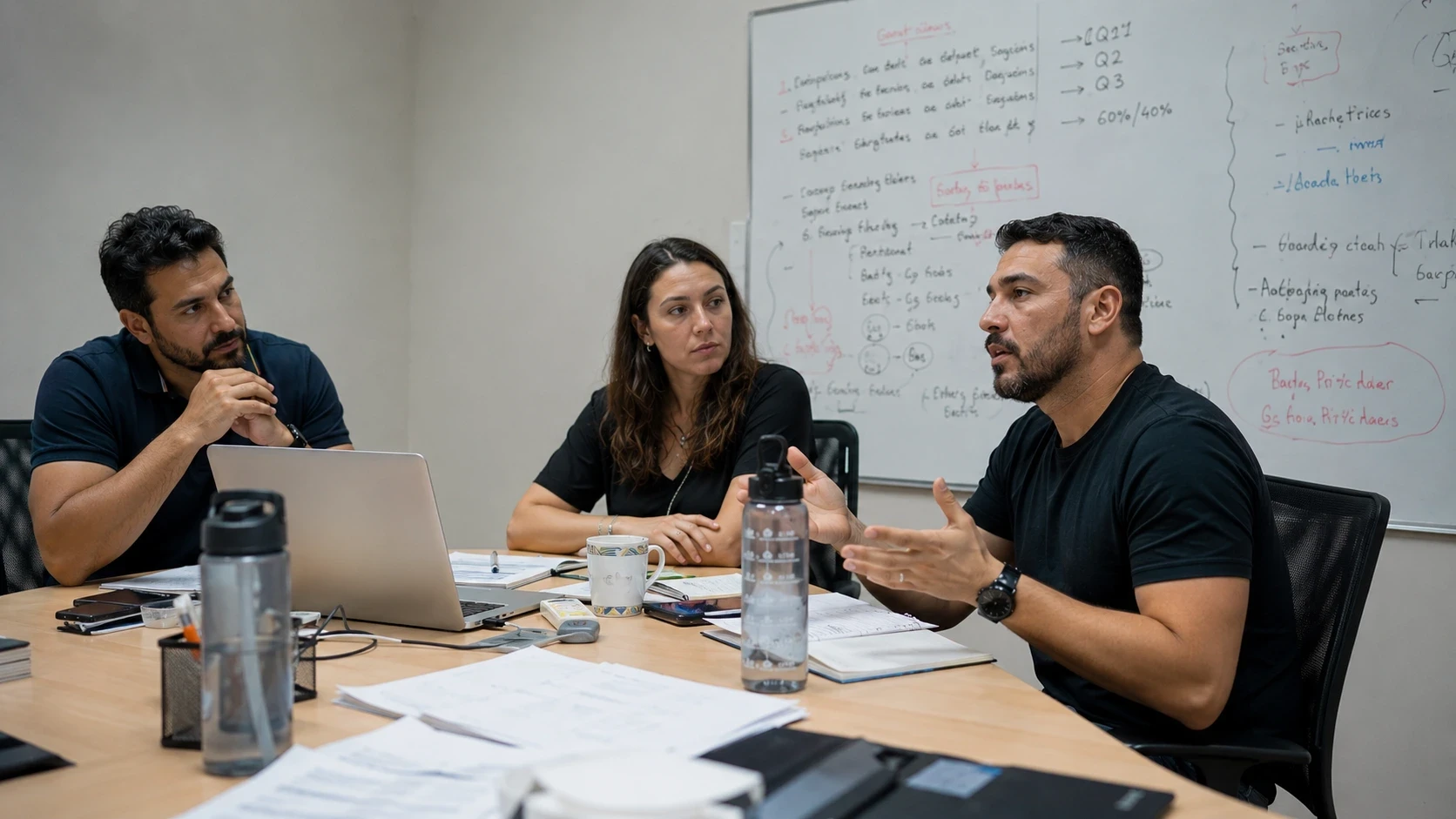 Equipe em reunião B2B discutindo proposta, representando a decisão de comitê no ciclo de venda complexa