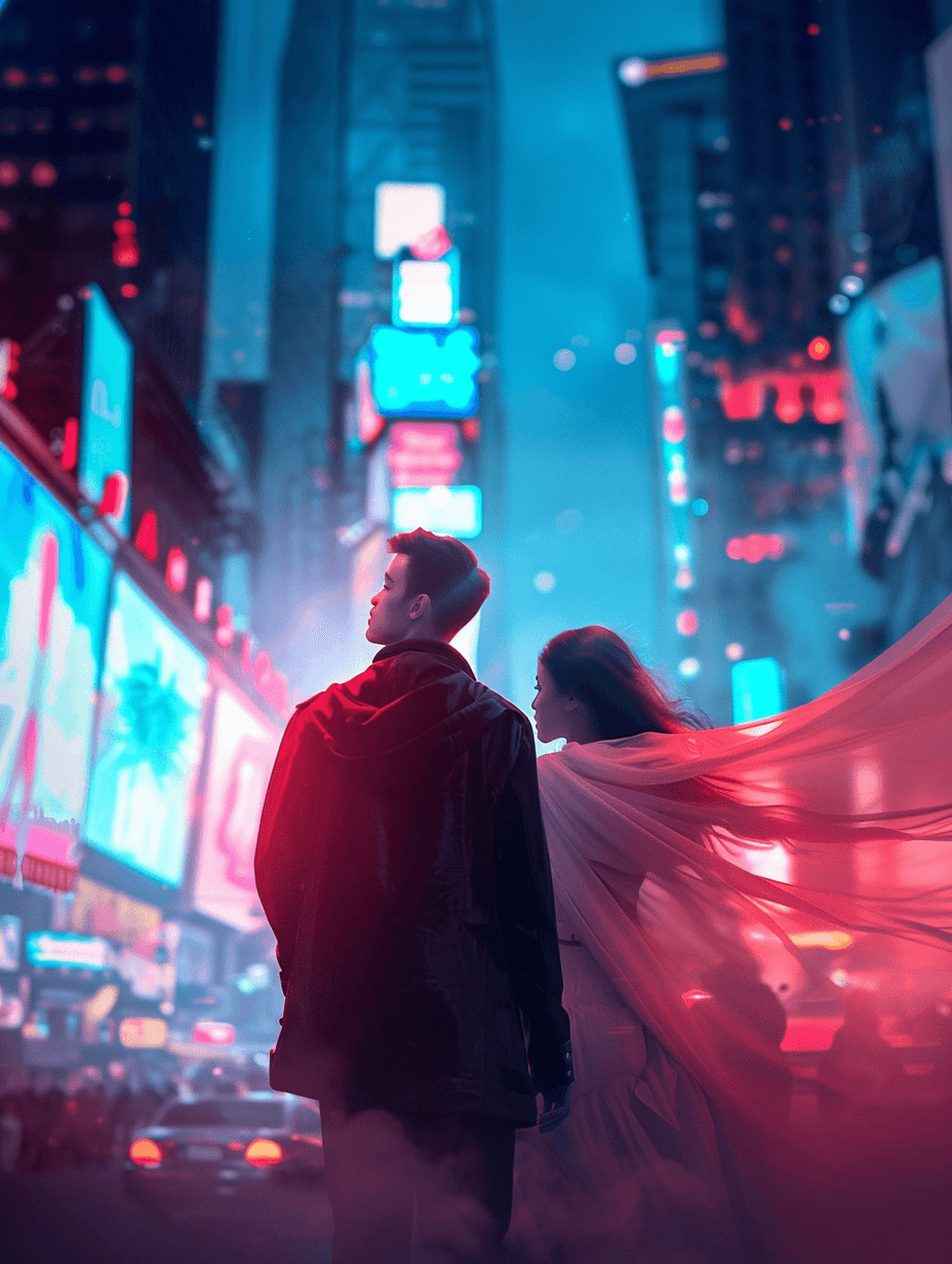 a man and a woman in a futuristic city