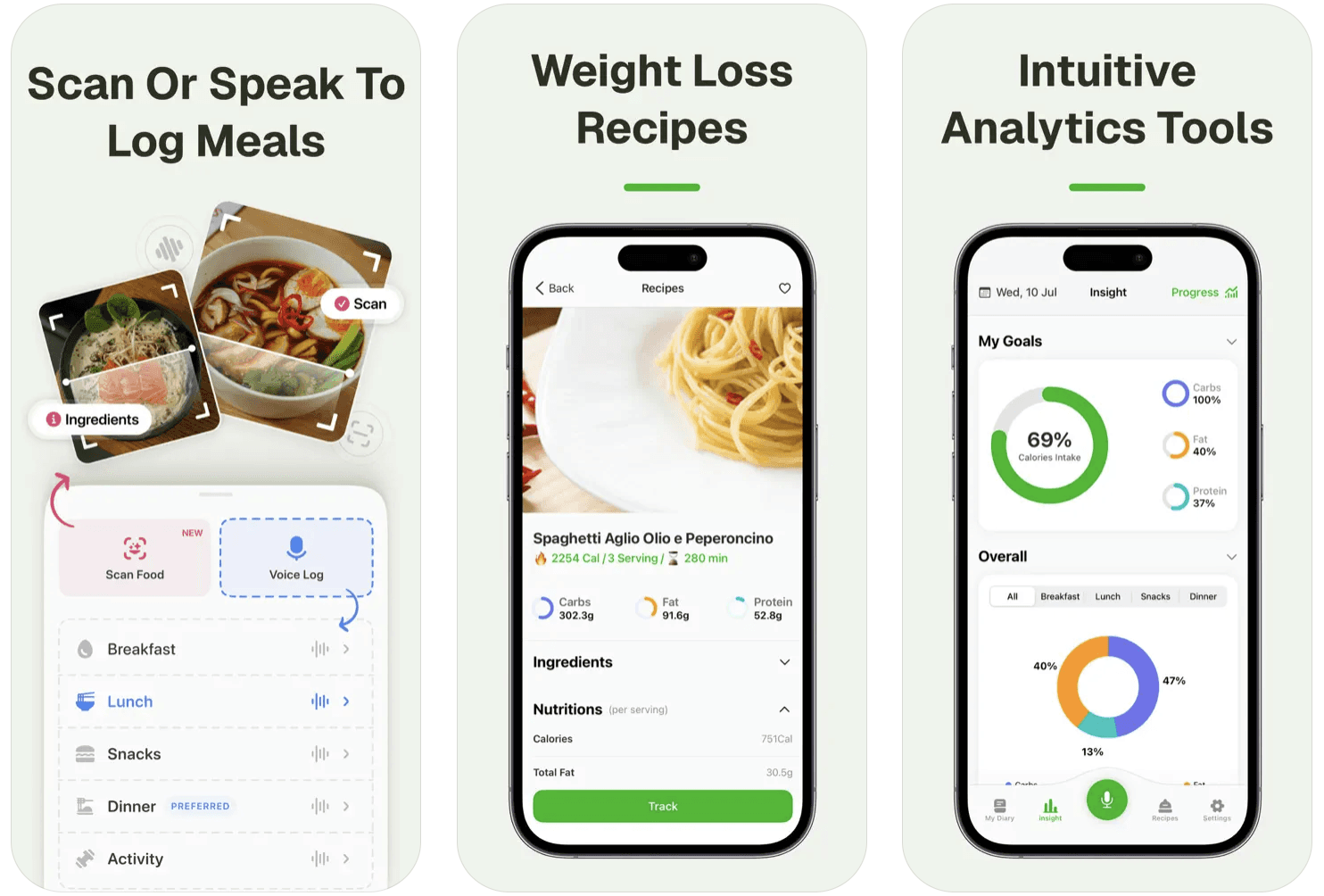Features of Caloric app demonstrated through its UI