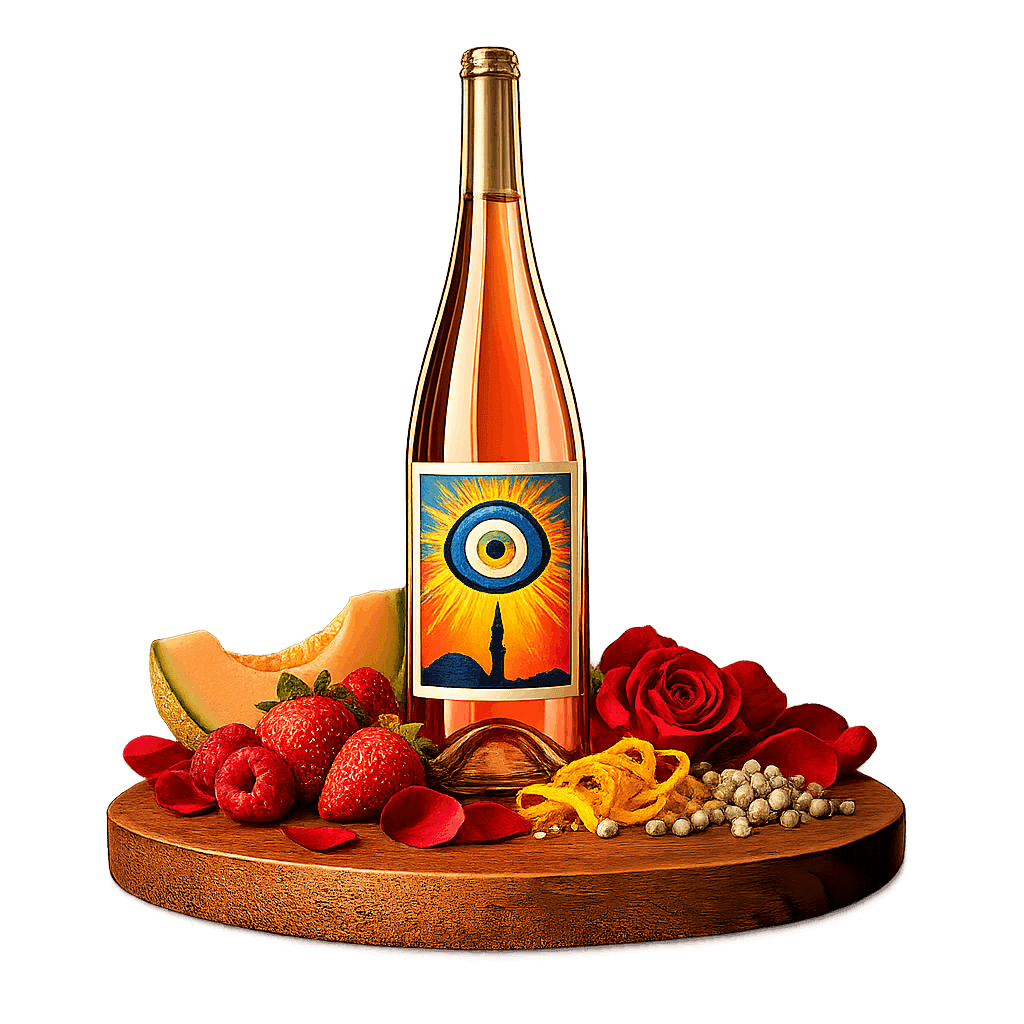 Artistic label and flavor profile for Turkish Rosé on a rustic wooden table.