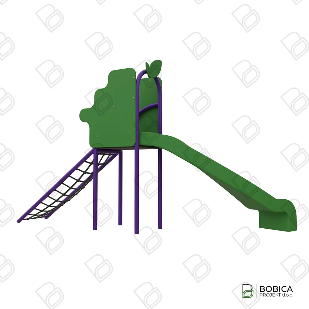 Toranj tobogan s mrežom i blago savijenim toboganom - dječja sprava s penjalicom i jarkim bojama za aktivnu igru na otvorenom - BOBICA PROJEKT d.o.o.