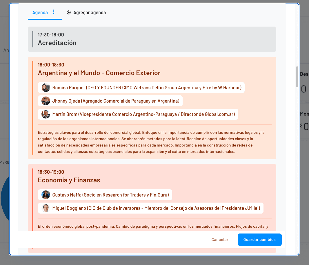 modulo para gestionar agenda de forma dinamica con oradores, sponsors, links a linkedin y más