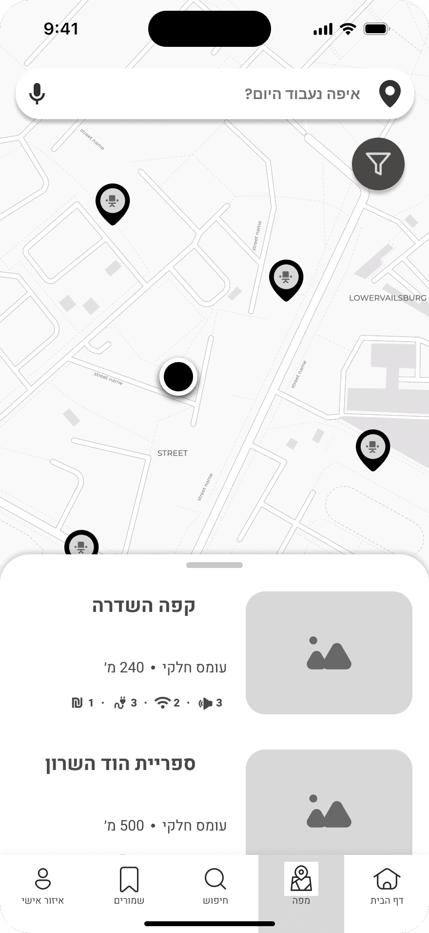 Wireframe: map discovery with pins