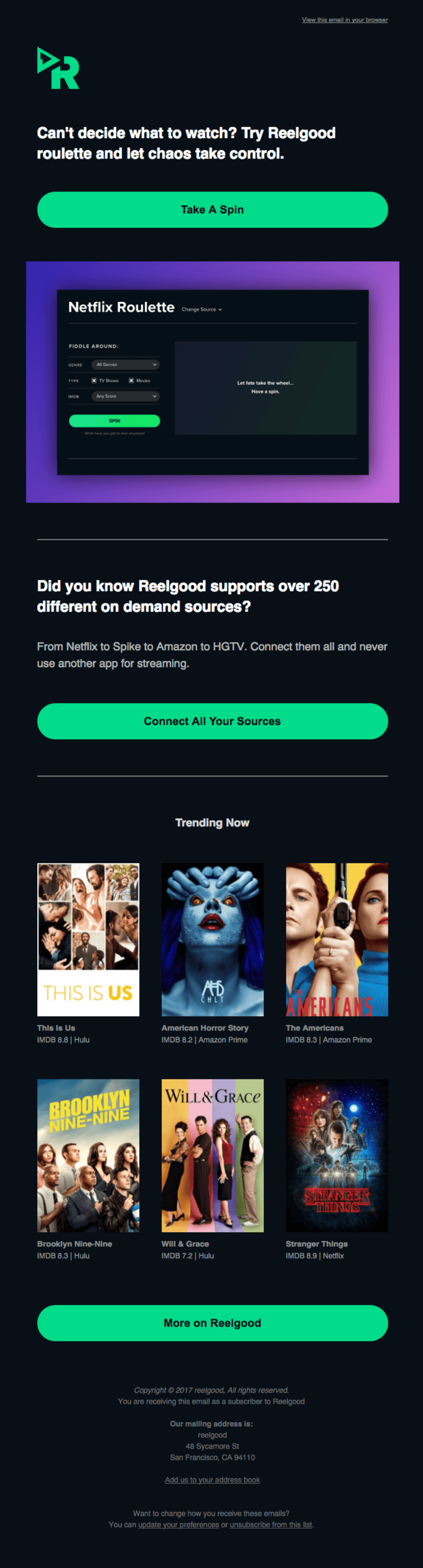 Reelgood email featuring 'Netflix Roulette' for users struggling to decide what to watch, with an engaging 'Take a Spin' call-to-action and a section showcasing popular streaming titles from various platforms