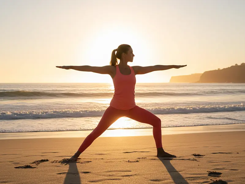 A serene woman practicing a yoga warrior pose on a beach at sunrise, with soft pink and orange hues in the sky and gentle ocean waves in the background.