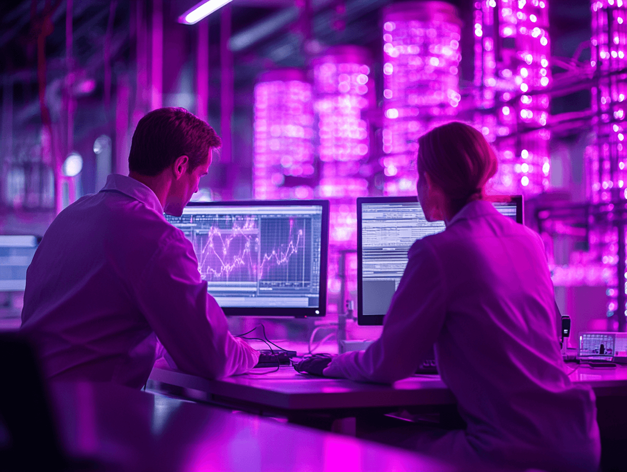 zwei Personen sitzen vor Computer zur Analyse von Produktionsdaten