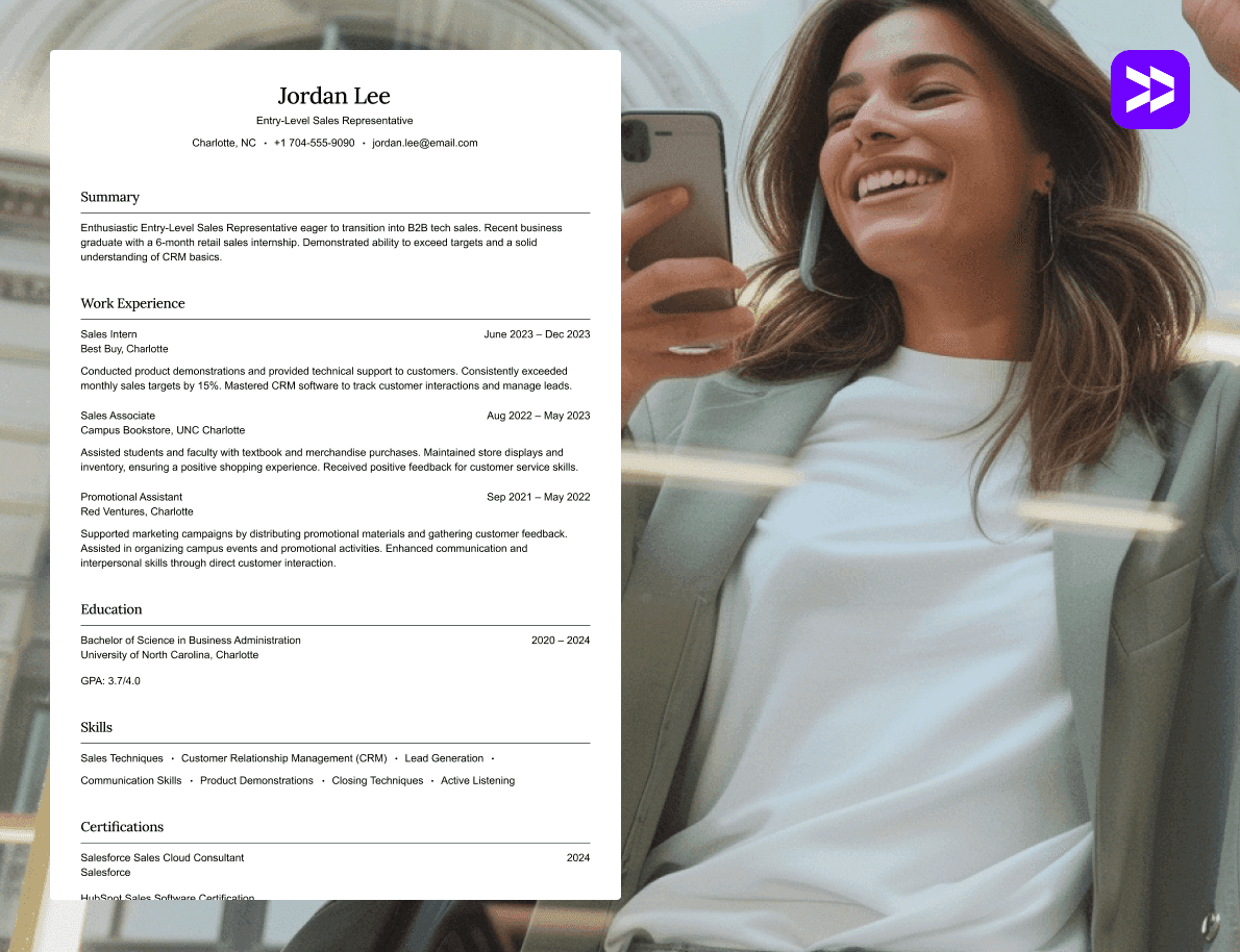 Sales representative resume example on a clean textured background