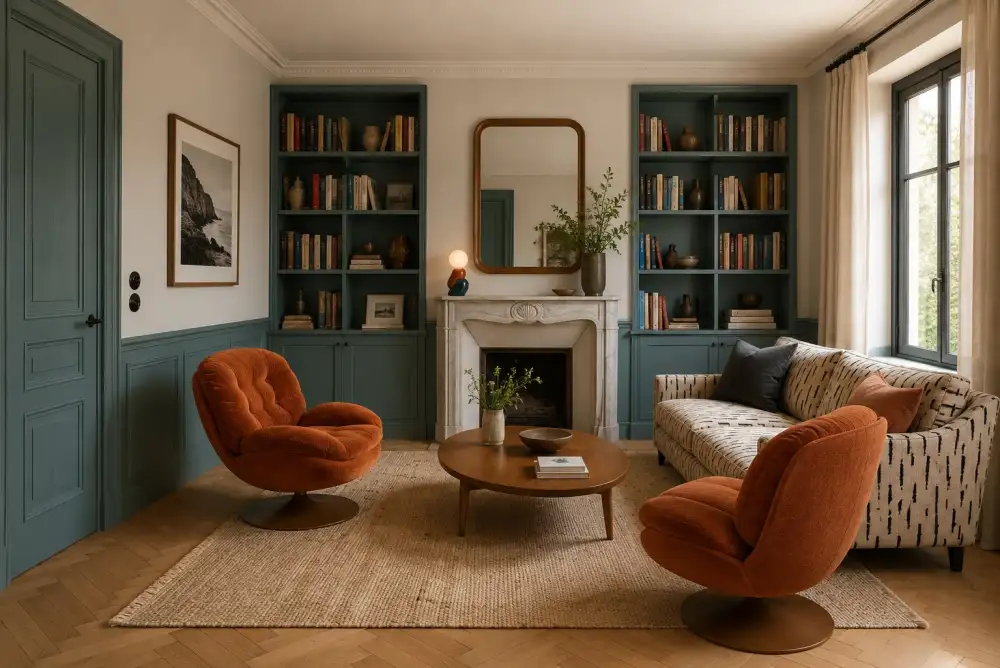 Salon rénové à Paris avec bibliothèques intégrées bleu canard, cheminée en marbre et fauteuils terracotta, projet d'architecture d'intérieur Maud Ravetto