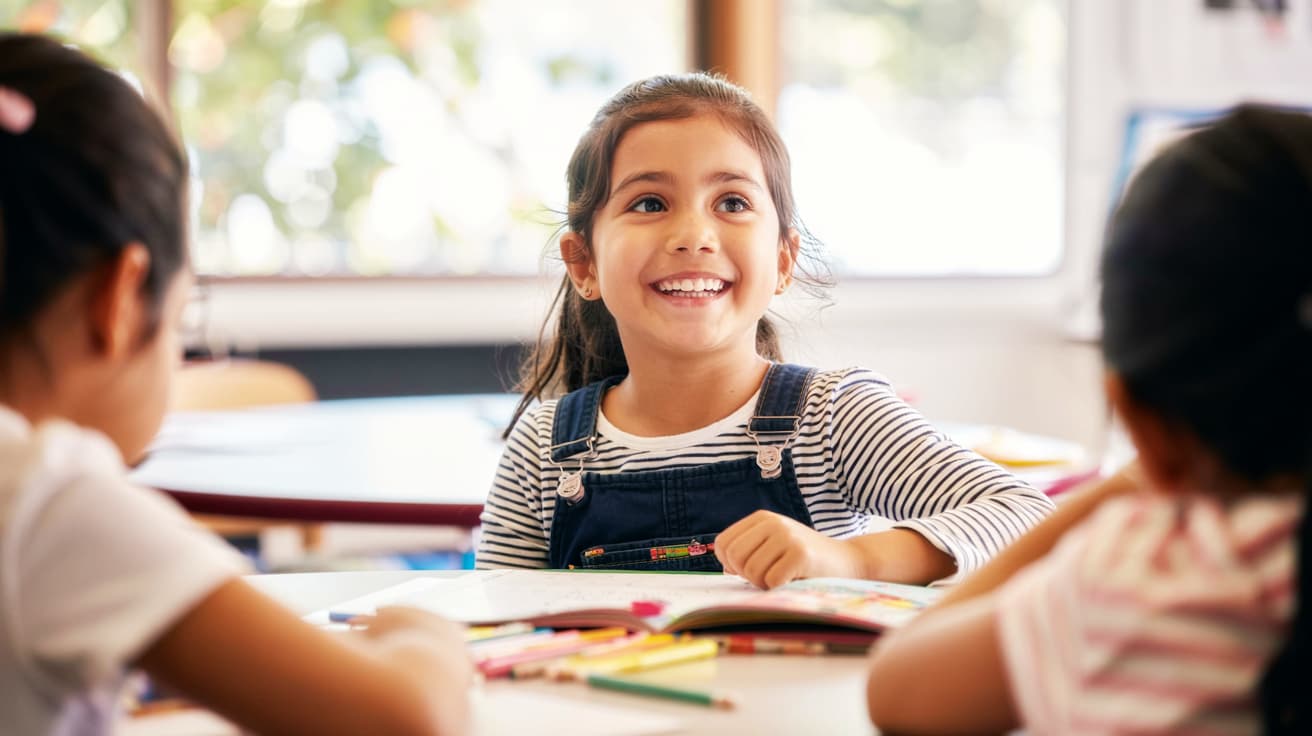 Smiling young girl, around 6–8 years old, participating in a group speech therapy session with peers, seated at a table with books and crayons in a bright, welcoming classroom.