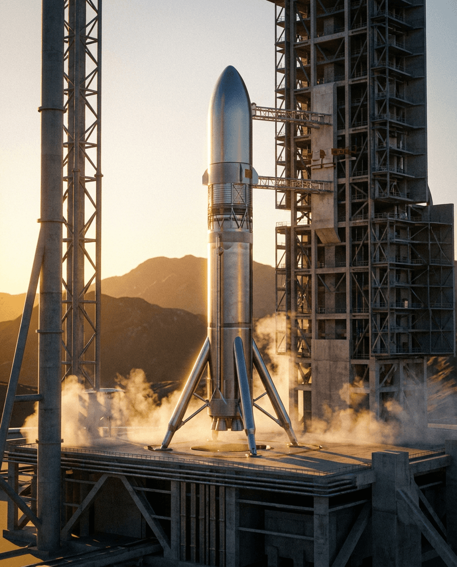 A futuristic Chinese commercial rocket on a launchpad with dramatic lighting.