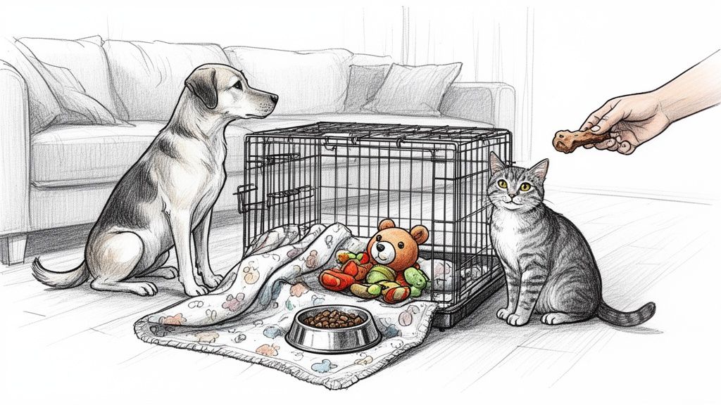 A dog and a tabby cat sit near a pet crate with toys and a food bowl, as a hand offers the cat a treat.