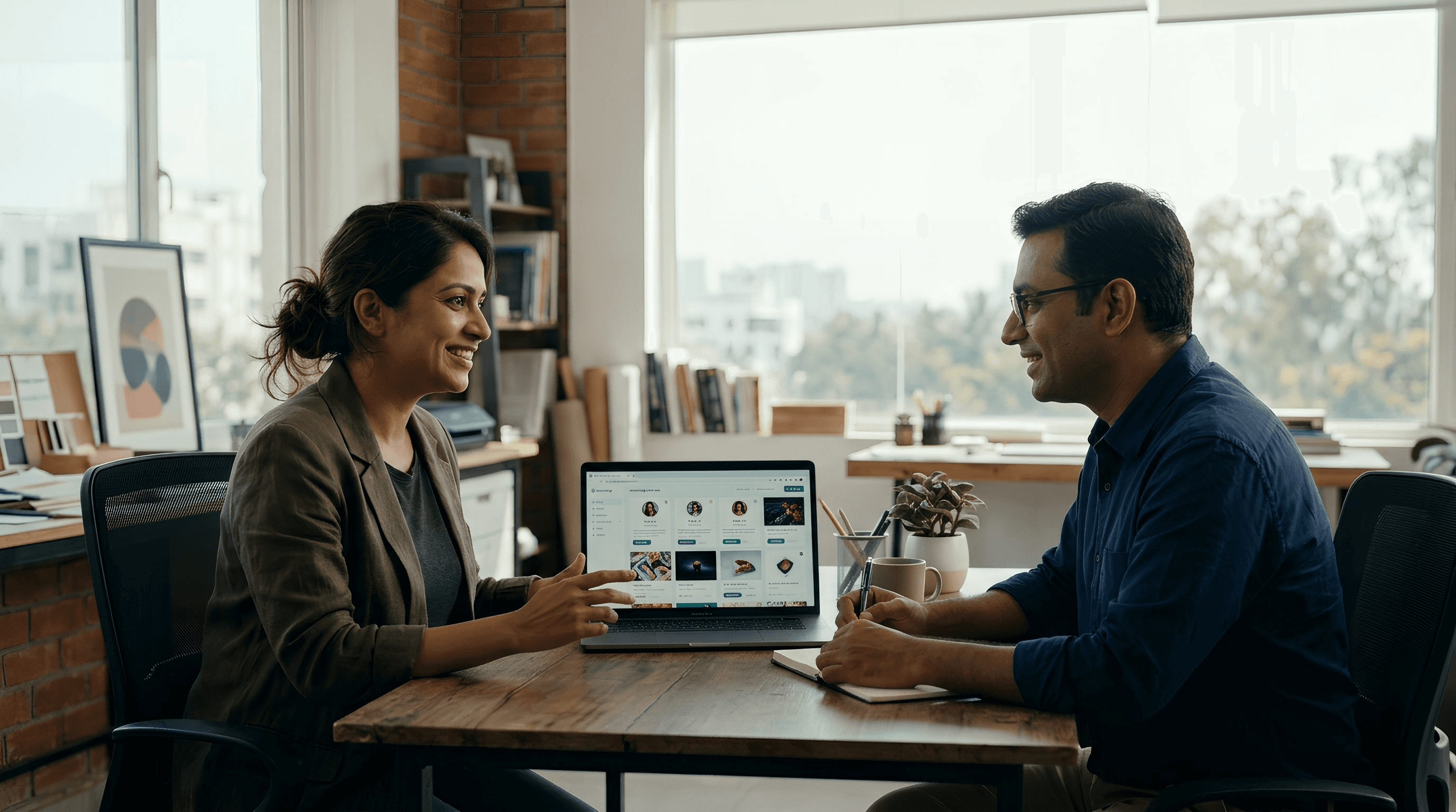 creative hiring consultation, startup team meeting, reviewing portfolio laptop, Indian startup team meeting