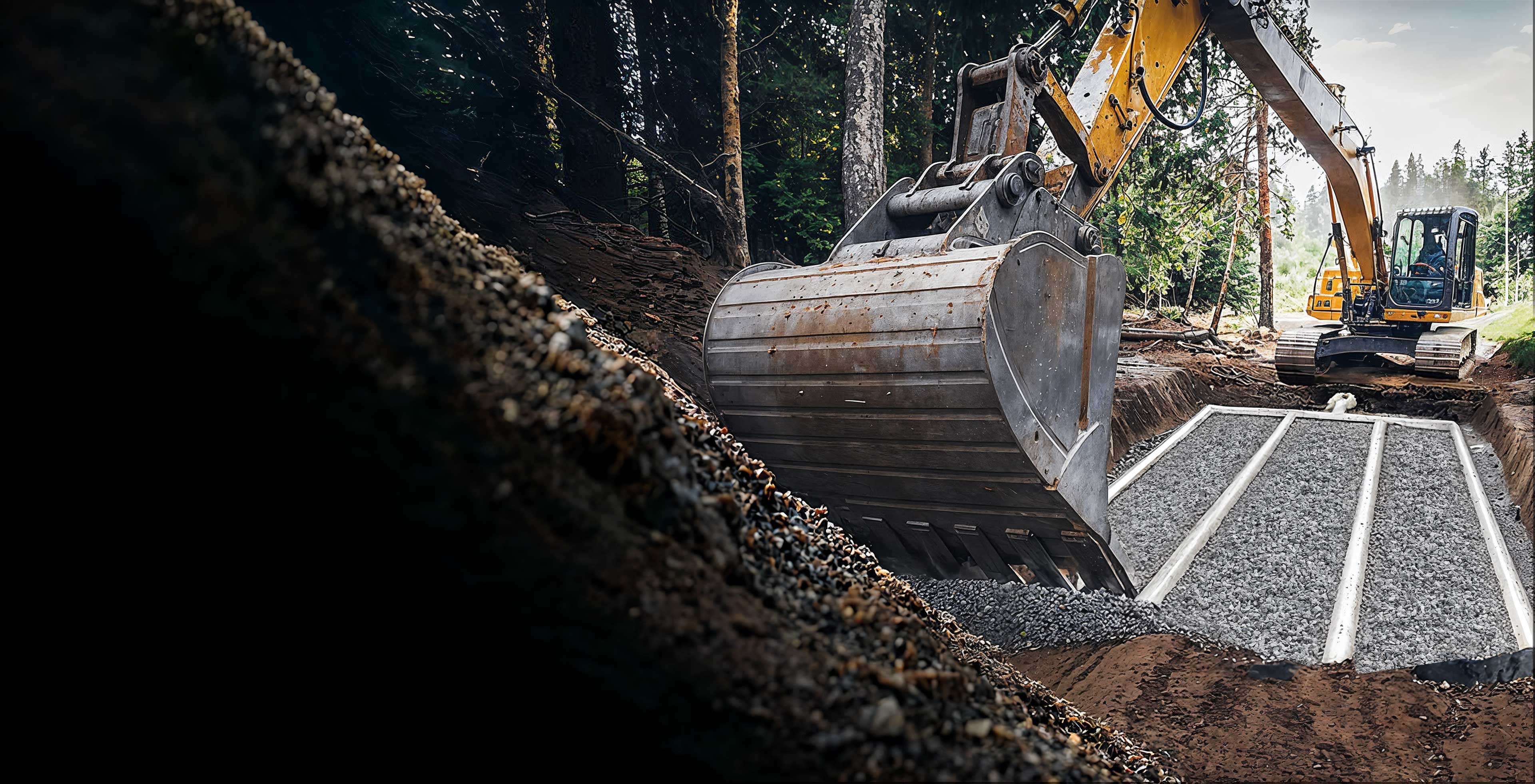 Excavator installing septic drainage system in a forested area, showcasing professional septic system installation services.