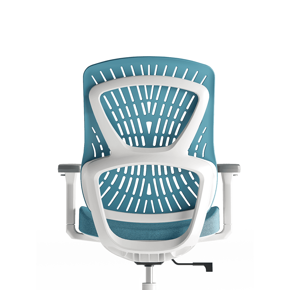 Rear view of the TCHOD 872A ergonomic chair showcasing the white structural Y-frame support and the blue soft elastic TPE backrest with a sunburst ventilation pattern.