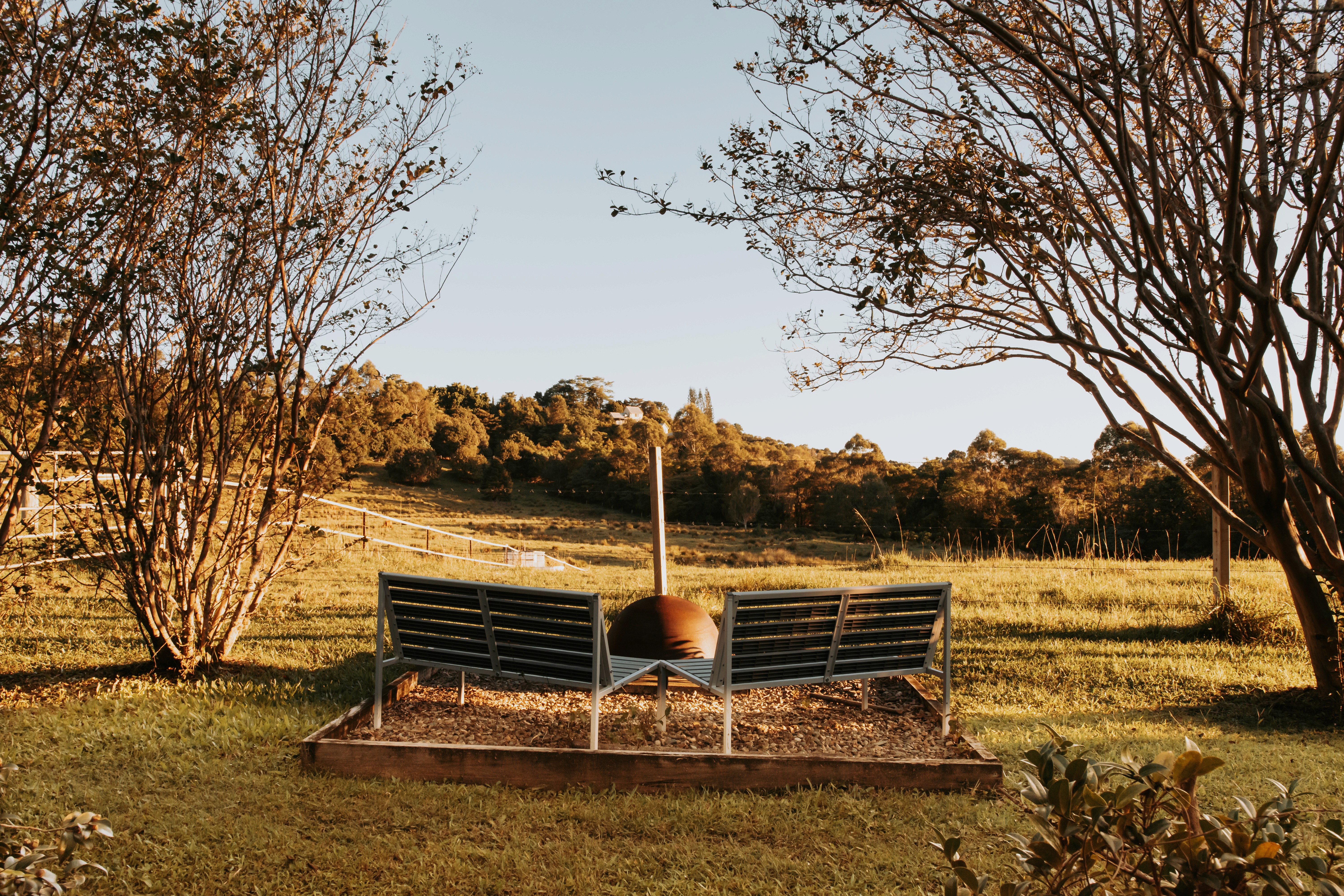 Outdoor fireplace overlook rolling hills