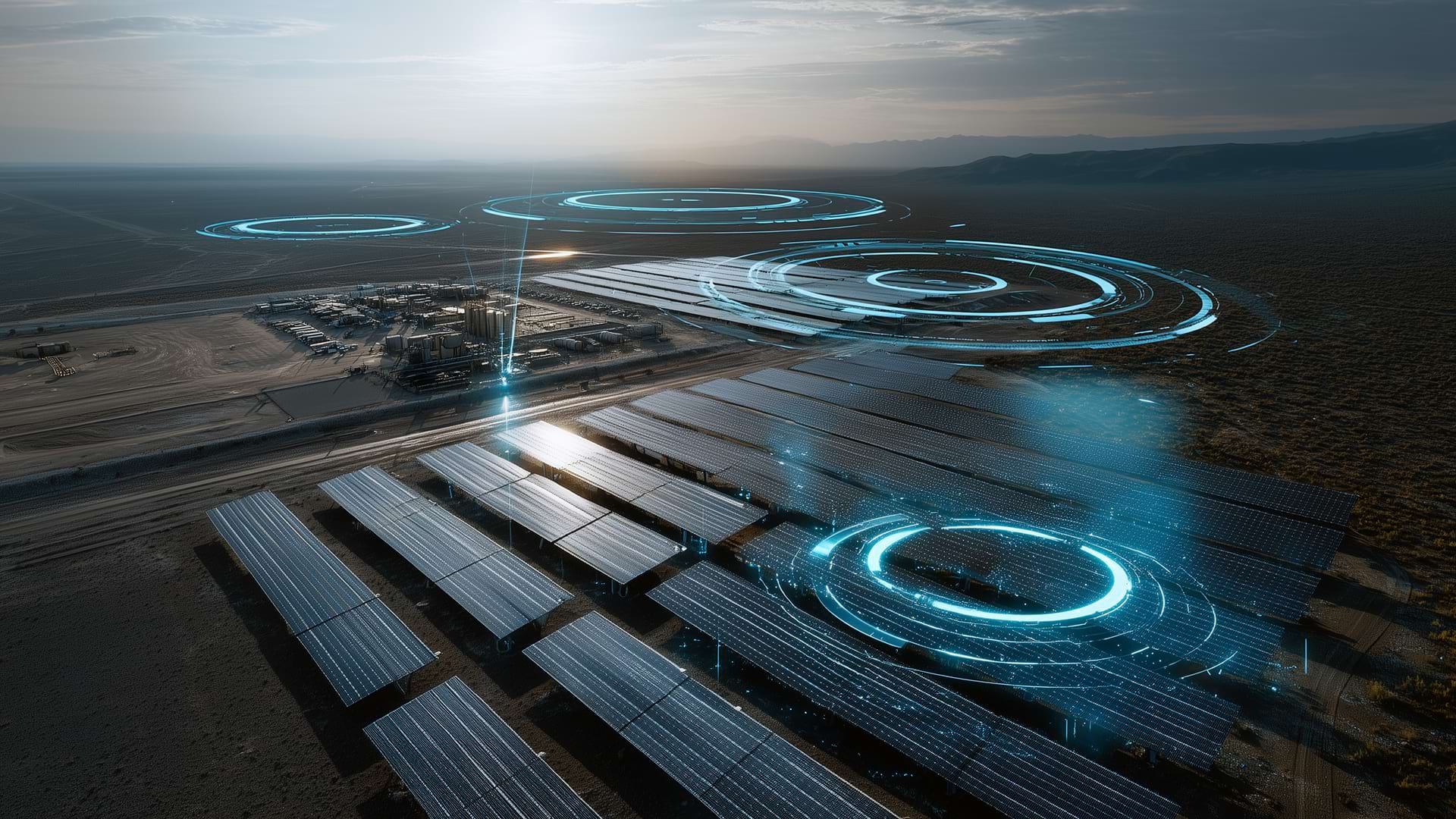 Aerial view of a solar farm in a desert landscape with digital rings overlay, symbolizing technology. The sky is overcast, creating a futuristic atmosphere.
