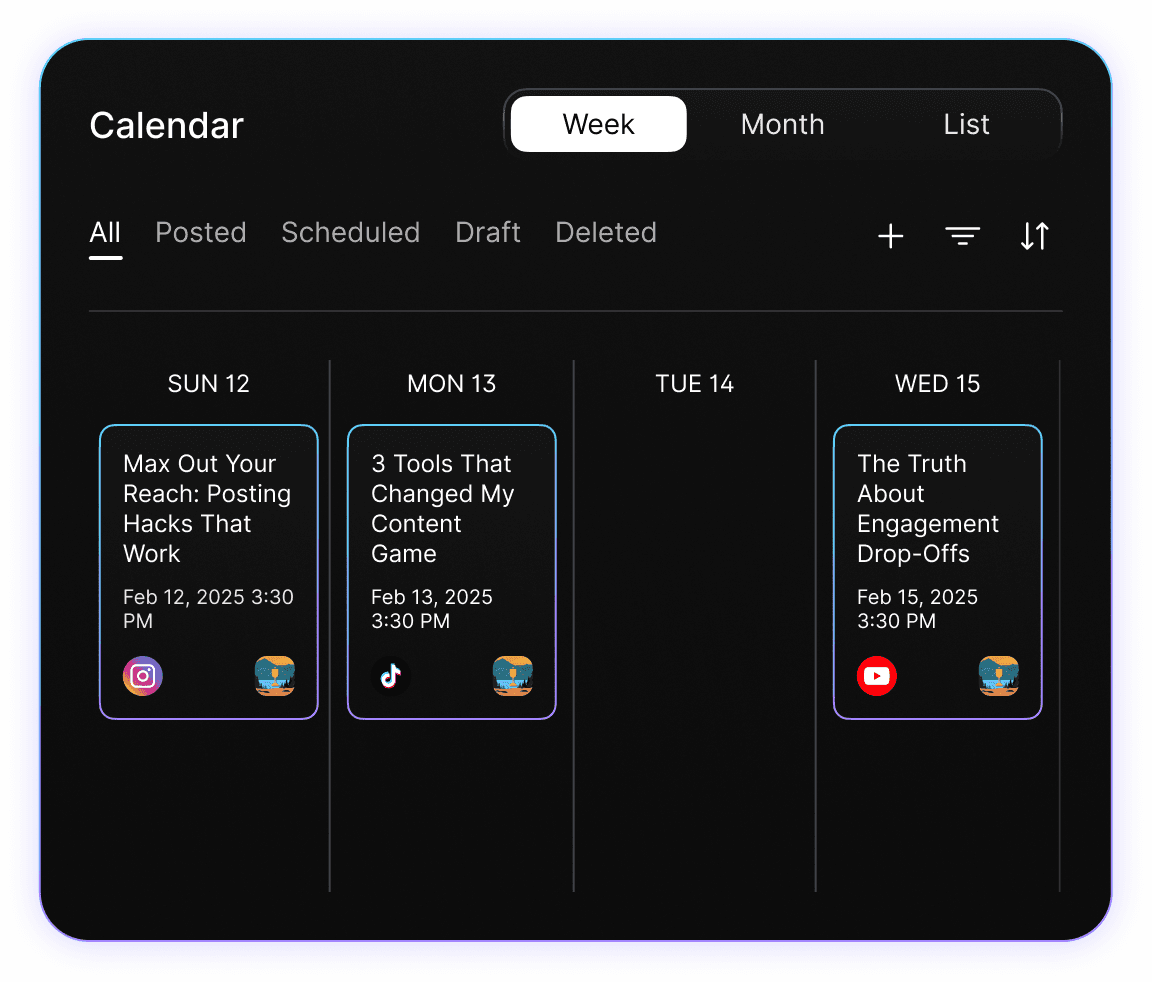 Weekly content calendar displaying scheduled posts