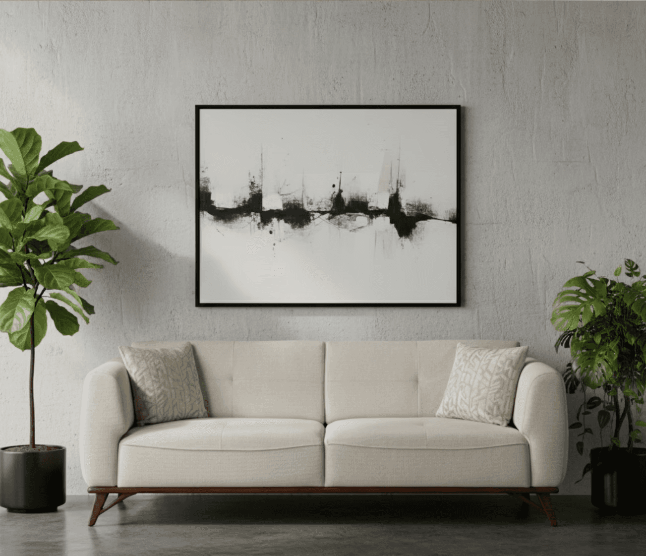 Modern three‑seater sofa with soft upholstery and clean-lined wooden base