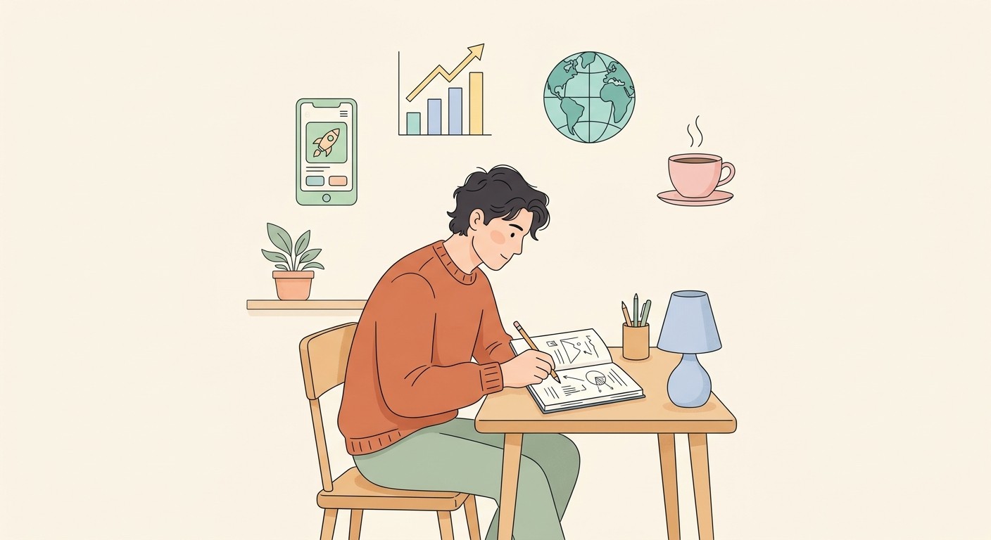 Flat illustration of a solo founder sketching out business ideas at a desk with floating icons of a mobile app, growth chart, and globe